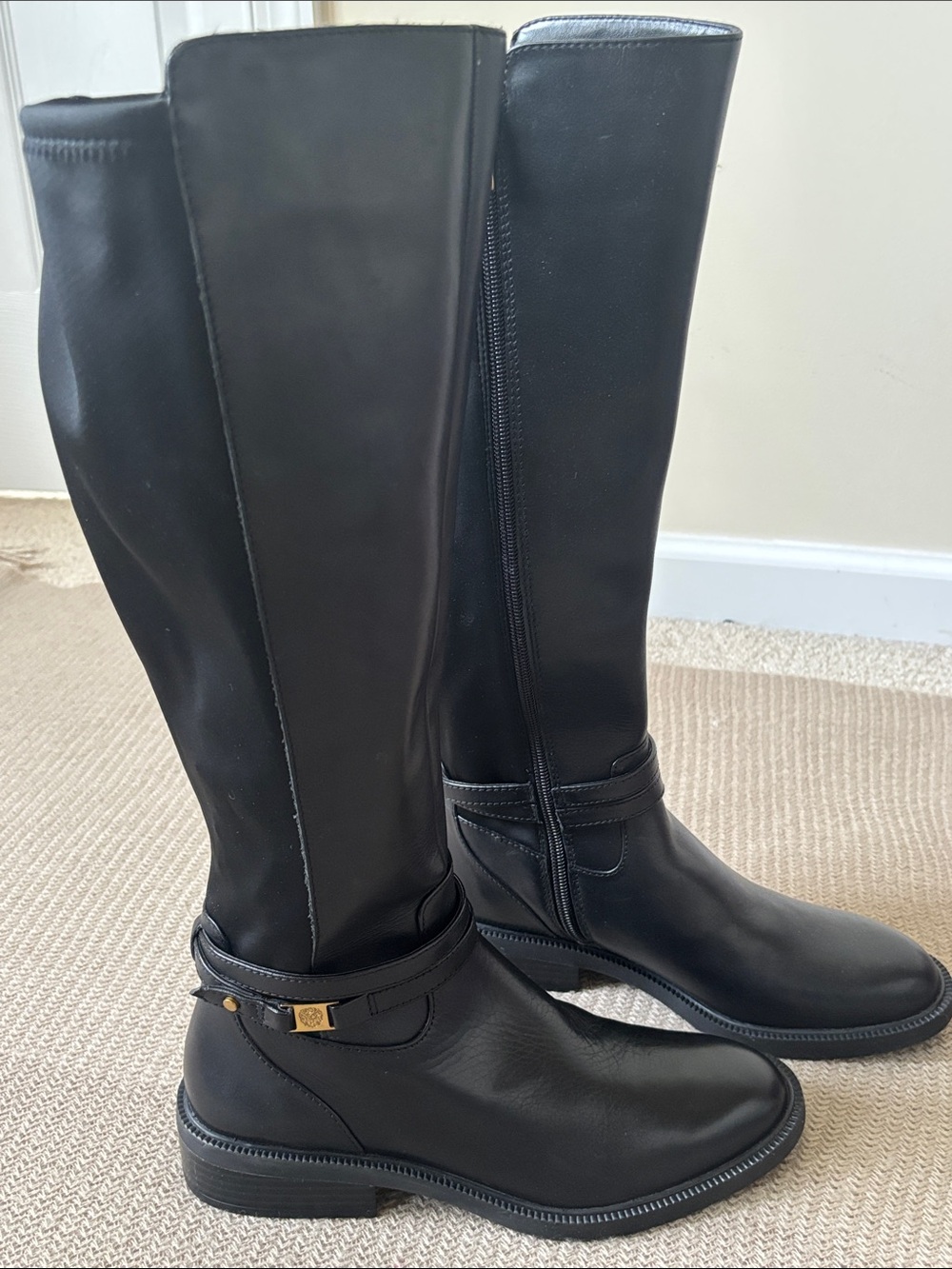 NWOT Vince Camuto Annabel Black Tall Leather Riding Boots with Gold Hardware